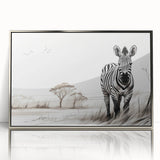 Framed wall art featuring a striking zebra design in black and white, set in an elegant silver frame, perfect for enhancing modern decor in living spaces.