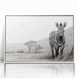 Framed wall art featuring a striking zebra design, showcasing bold black and white stripes with a modern acrylic finish, perfect for wildlife enthusiasts.