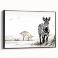 Framed canvas wall art showcasing a striking zebra design in black and white, with a sleek side view and modern aesthetic, perfect for wildlife enthusiasts' decor.
