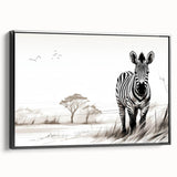 Framed canvas wall art showcasing a striking zebra design in black and white, with a sleek side view and modern aesthetic, perfect for wildlife enthusiasts' decor.