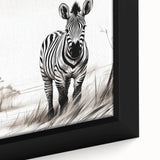 Close-up of a framed canvas wall art featuring a striking zebra design, showcasing vibrant black and white stripes, ideal for adding a bold wildlife touch to home decor.