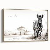Framed wall art featuring a striking zebra design in gold and black, showcased from a side view, ideal for enhancing modern decor with a wild aesthetic.