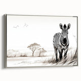 Framed wall art featuring a striking silver zebra design on canvas, showcasing intricate details and a modern aesthetic, perfect for animal lovers and home decor enthusiasts.