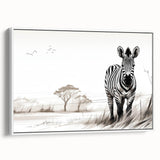 Framed canvas wall art showcasing a striking zebra design in black and white, ideal for animal lovers and modern decor, displayed in a bright setting.