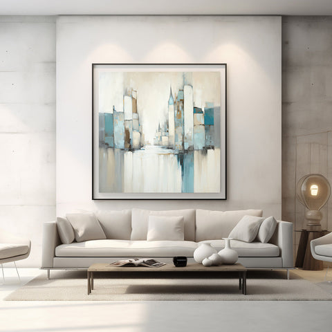 Architectural abstract wall art with blue and beige vertical elements above white sofa in minimalist space