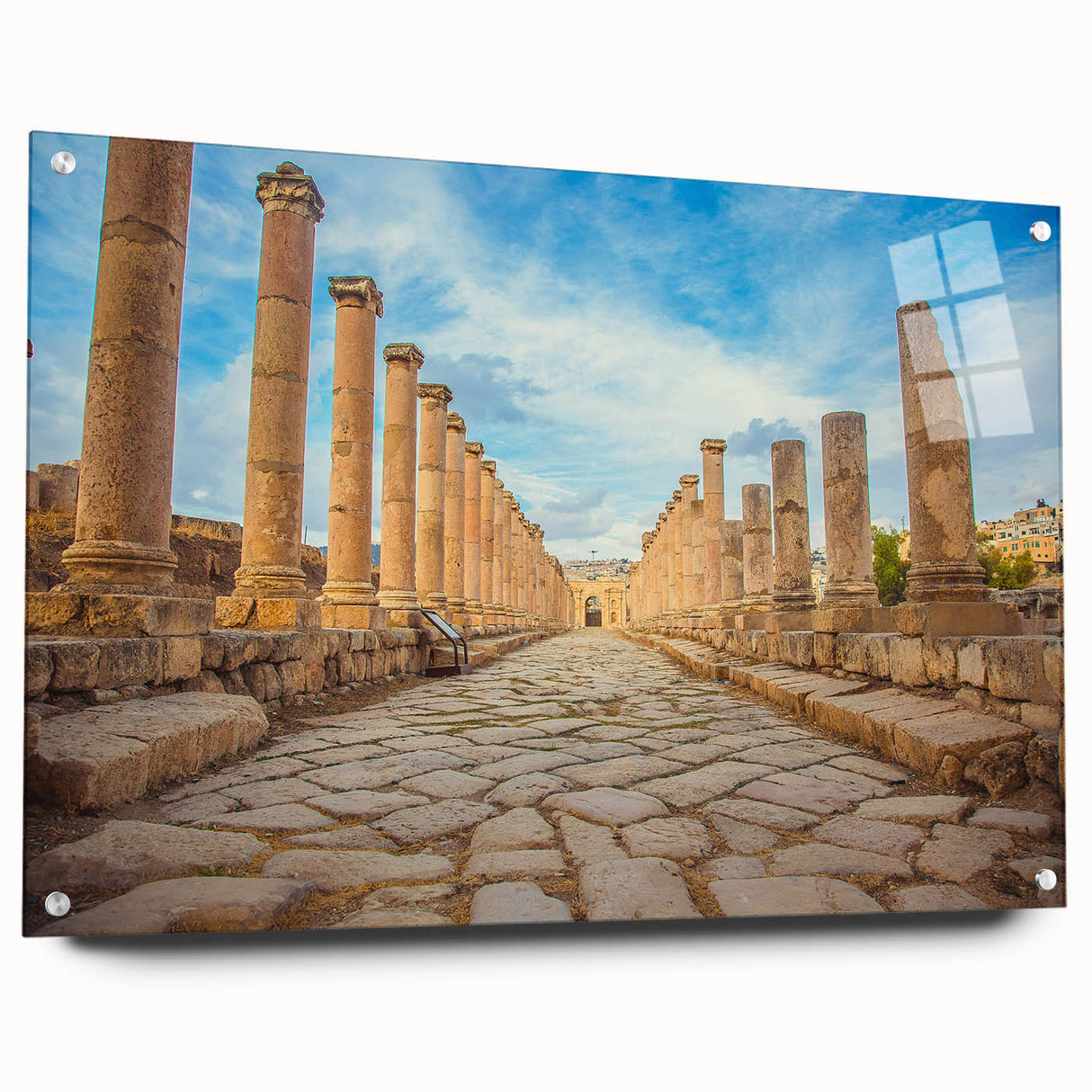 Acrylic print of ancient ruins in muted earth tones, suitable for dining room or bedroom decor.