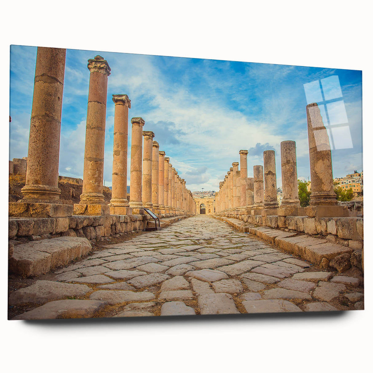 Acrylic print of ancient ruins in muted earth tones, suitable for bedroom or dining room decor.