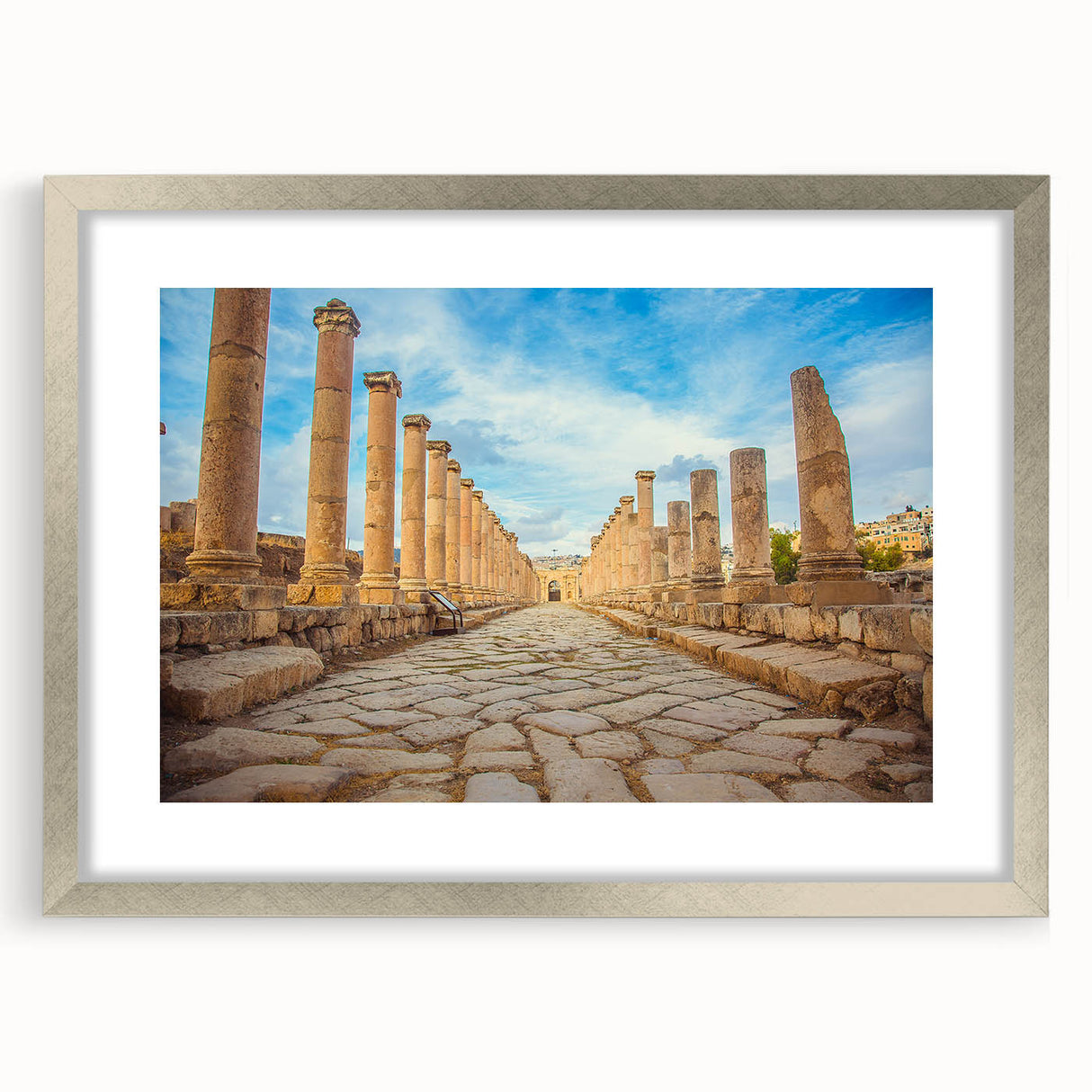 Abstract art print of ancient ruins in muted earth tones on a framed canvas, suitable for dining room decor.