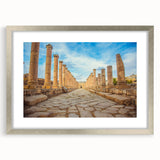 Abstract art print of ancient ruins in muted earth tones on a framed canvas, suitable for dining room decor.