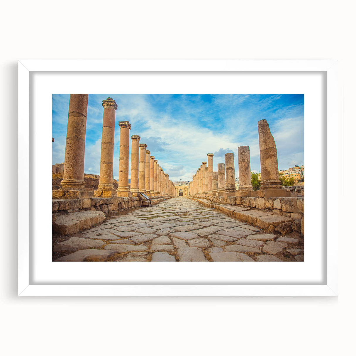 Extra large abstract art print depicting ancient ruins, in muted earth tones on textured canvas, ideal for living room decor.