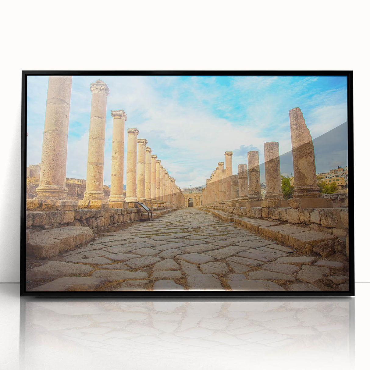 Large abstract wall art featuring mid-century modernist ancient ruins in muted earth tones, framed in black acrylic.