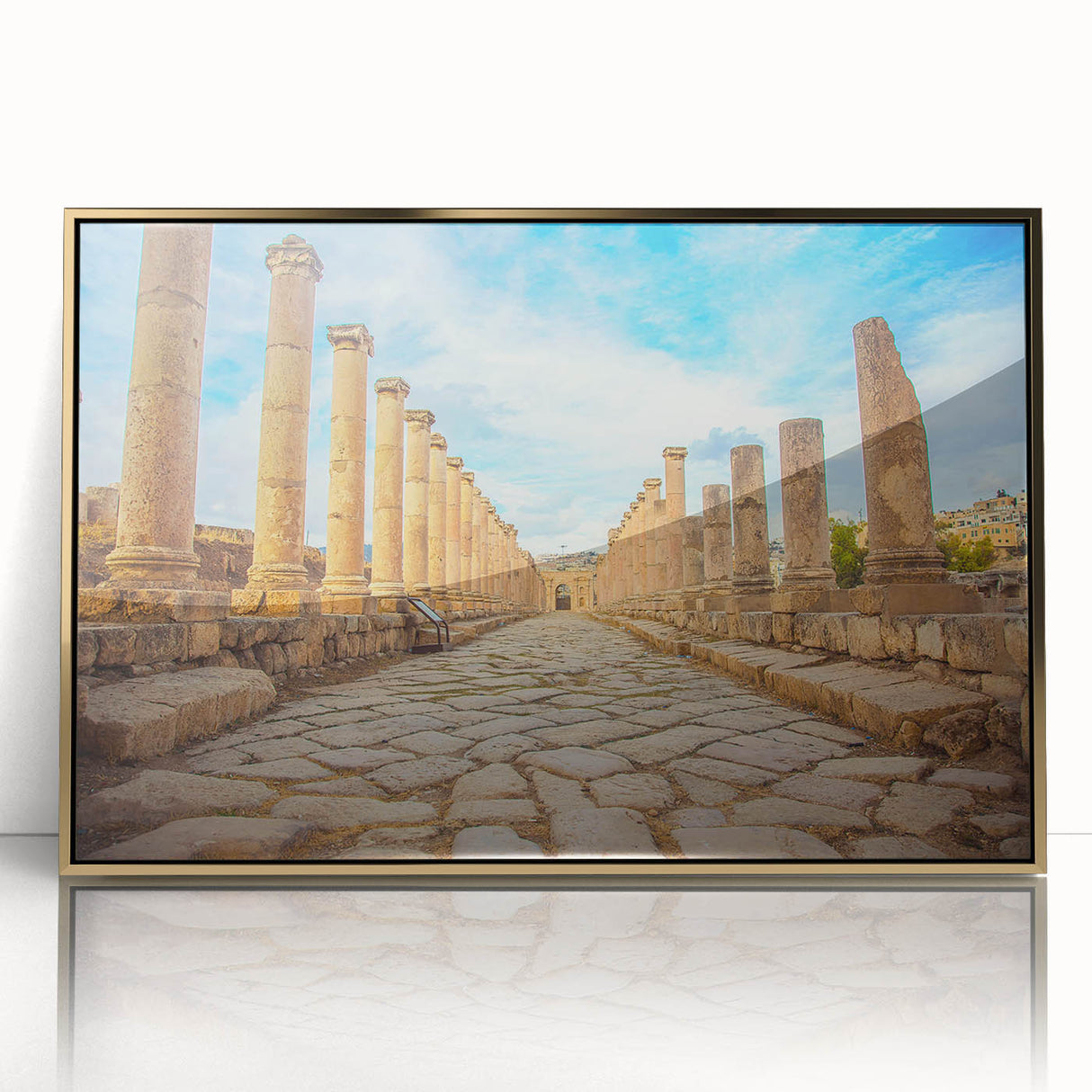 Mid-century modernist acrylic print of ancient ruins in gold and beige tones, suitable for nursery or modern decor.