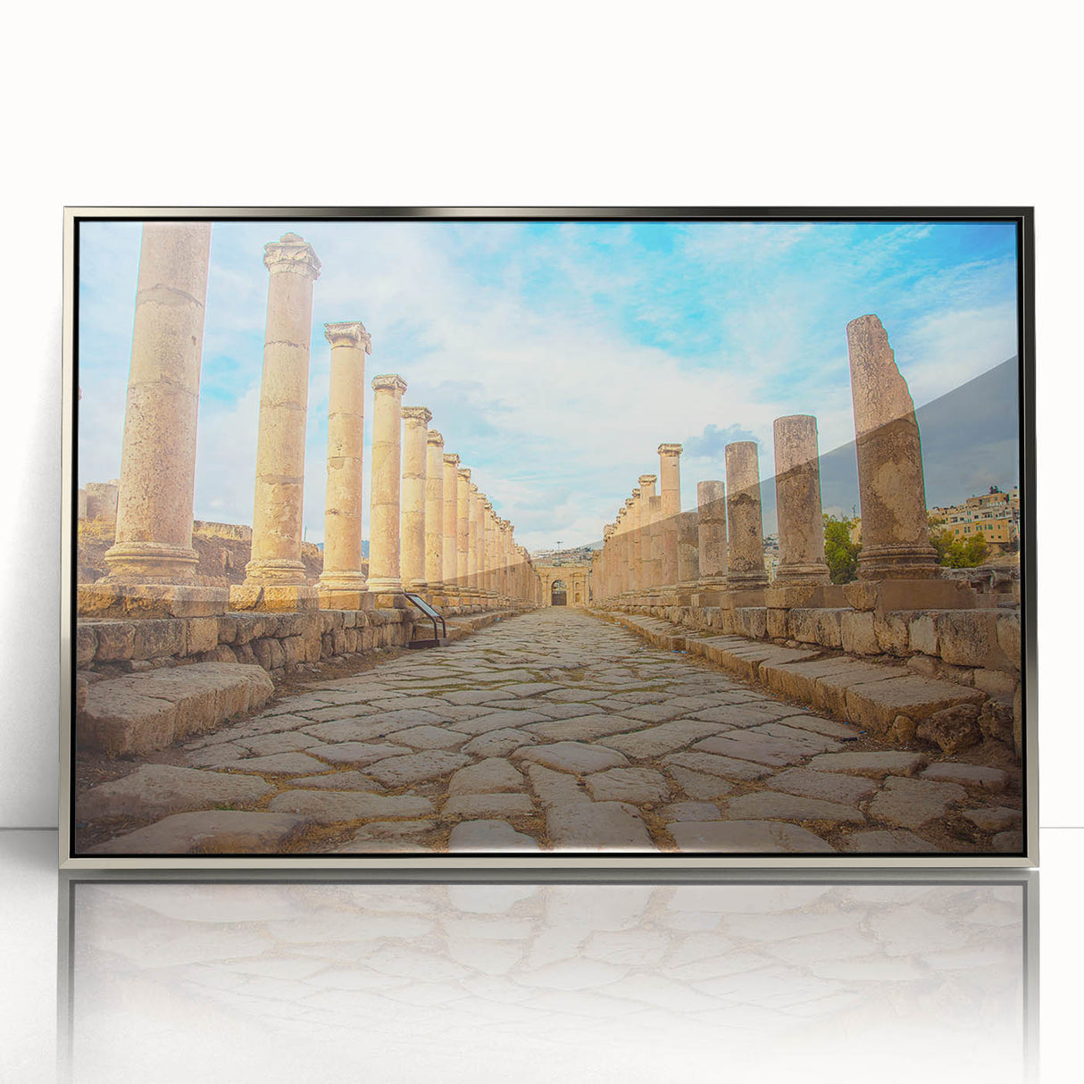 Framed acrylic print of ancient ruins in silver, featuring art deco design, suitable for modern art wall decor or nursery.