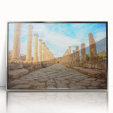 Framed acrylic print of ancient ruins in silver, featuring art deco design, suitable for modern art wall decor or nursery.