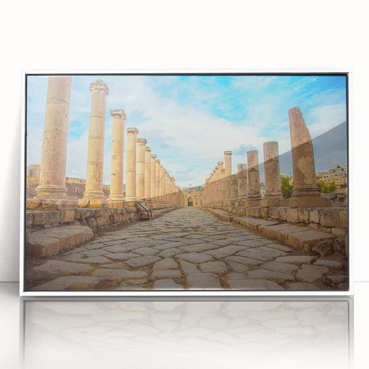 Framed acrylic print of ancient ruins in a mid-century modernist style, featuring neutral earth tones.