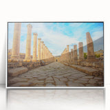Framed acrylic print of ancient ruins in a mid-century modernist style, featuring neutral earth tones.