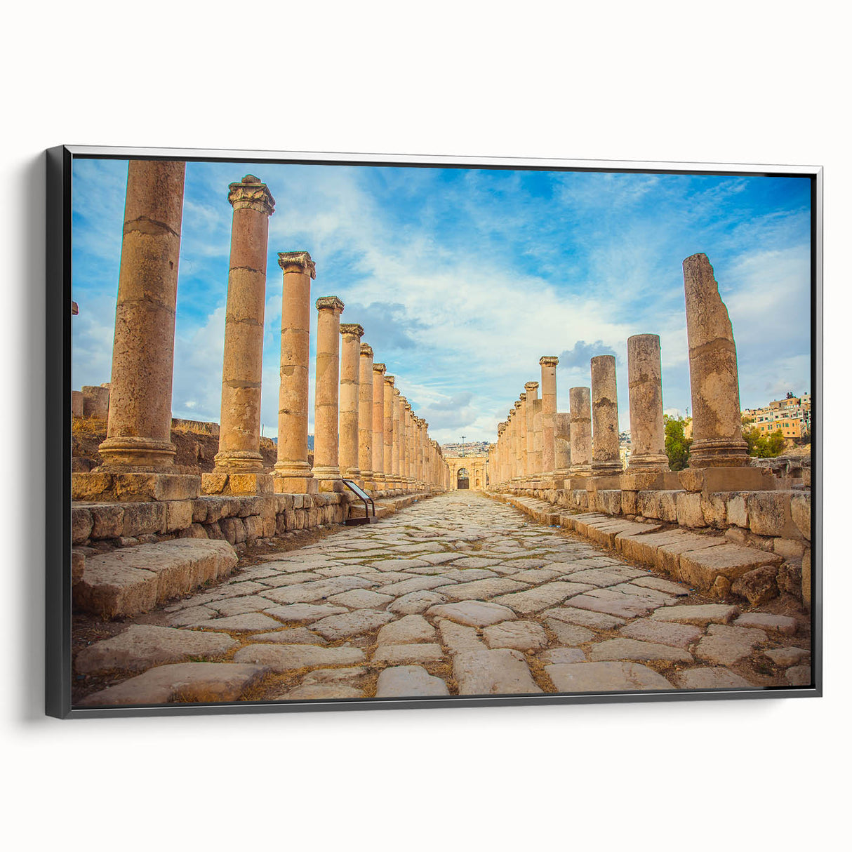 Black and white framed canvas of ancient ruins, in a vintage poster art style, ideal for bedroom wall decor.