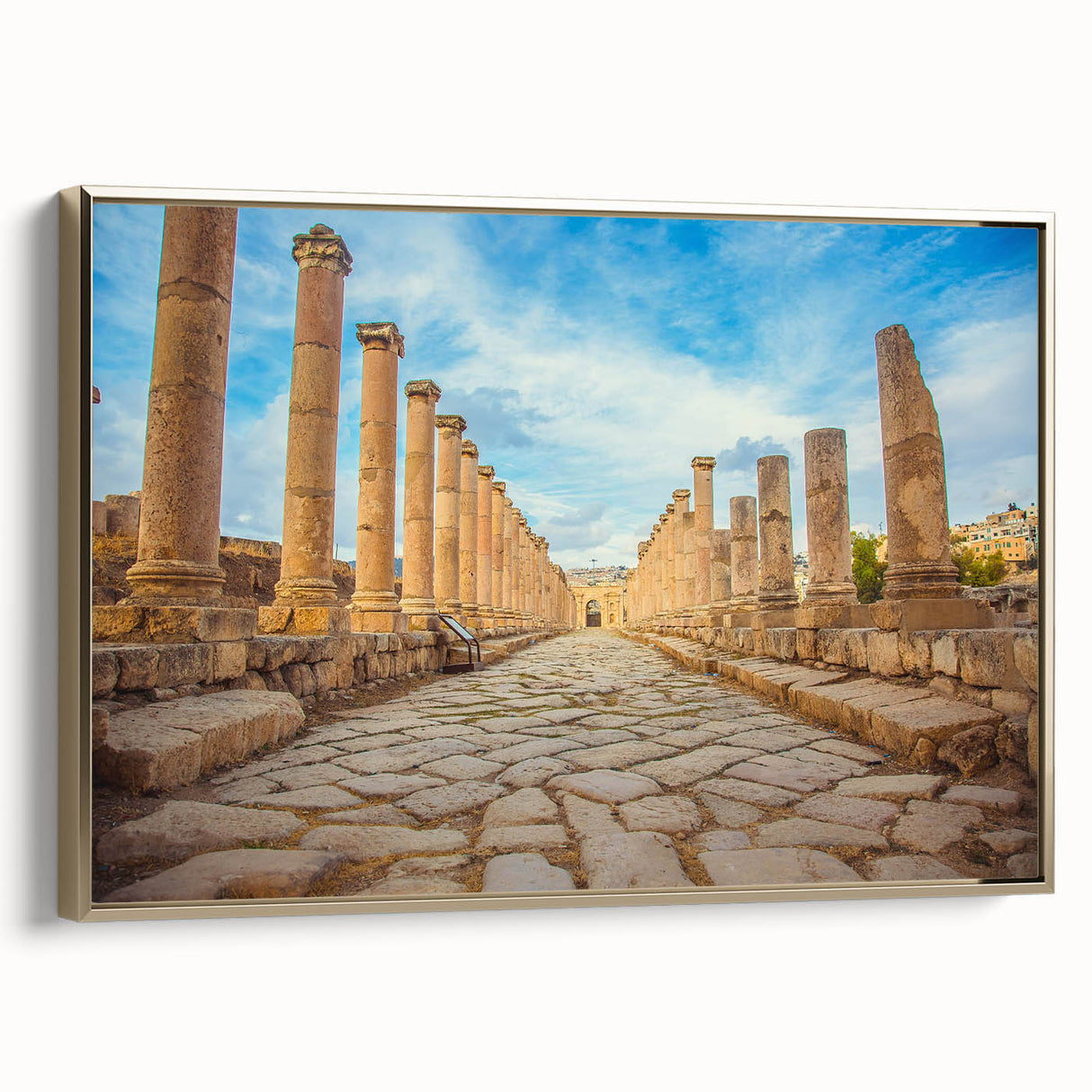 Framed canvas depicting ancient ruins in a landscape, with muted earth tones, ideal for a study or office wall.