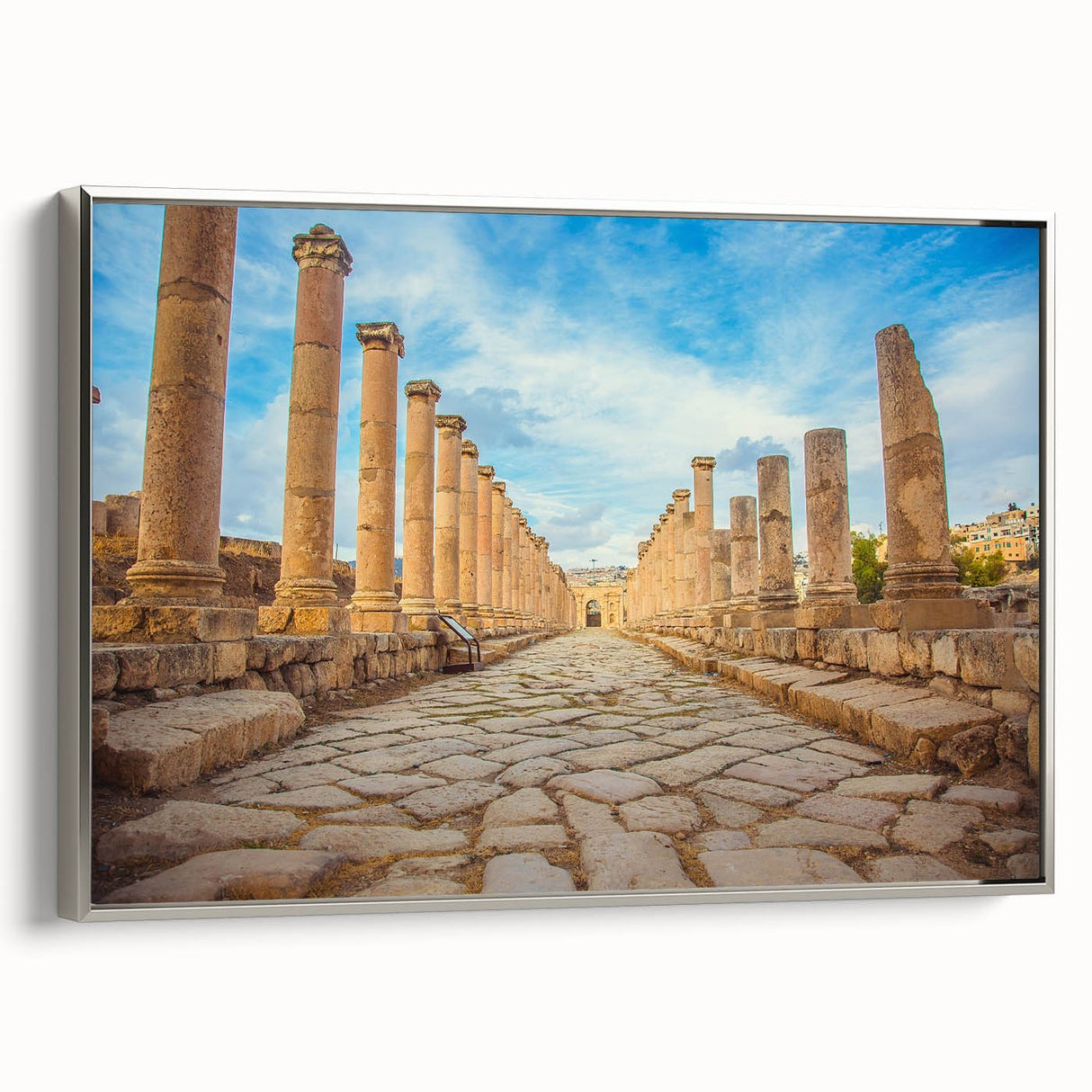 Vintage poster art of ancient ruins in muted earth tones on a large framed canvas, suitable for living room decor.