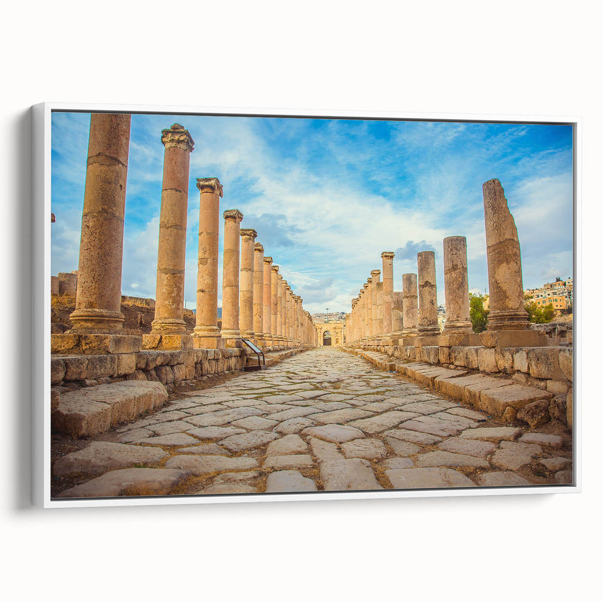 Framed canvas of ancient ruins in black and white, ideal for bedroom wall art with a vintage poster style.