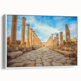 Framed canvas of ancient ruins in black and white, ideal for bedroom wall art with a vintage poster style.