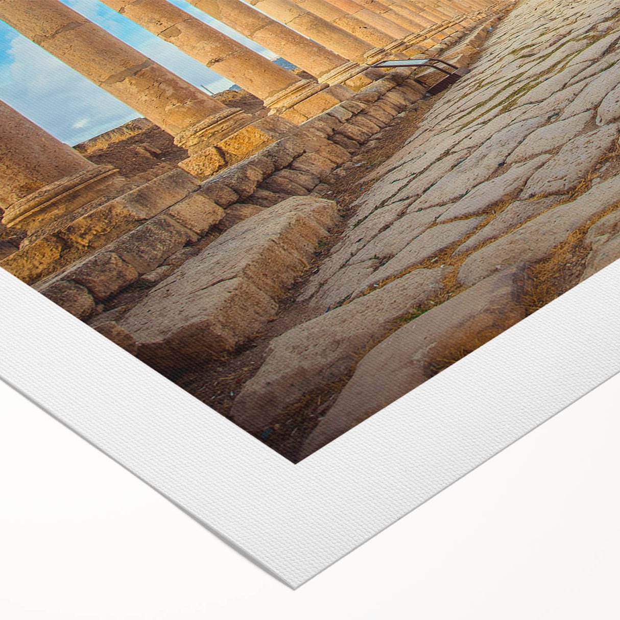 Art Deco poster featuring an ancient ruins design in muted earth tones on rolled canvas, suited for dining room wall art.
