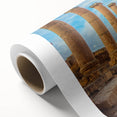 Art deco poster of ancient ruins in muted earth tones on rolled canvas, ideal for nursery wall art or dining room decor.