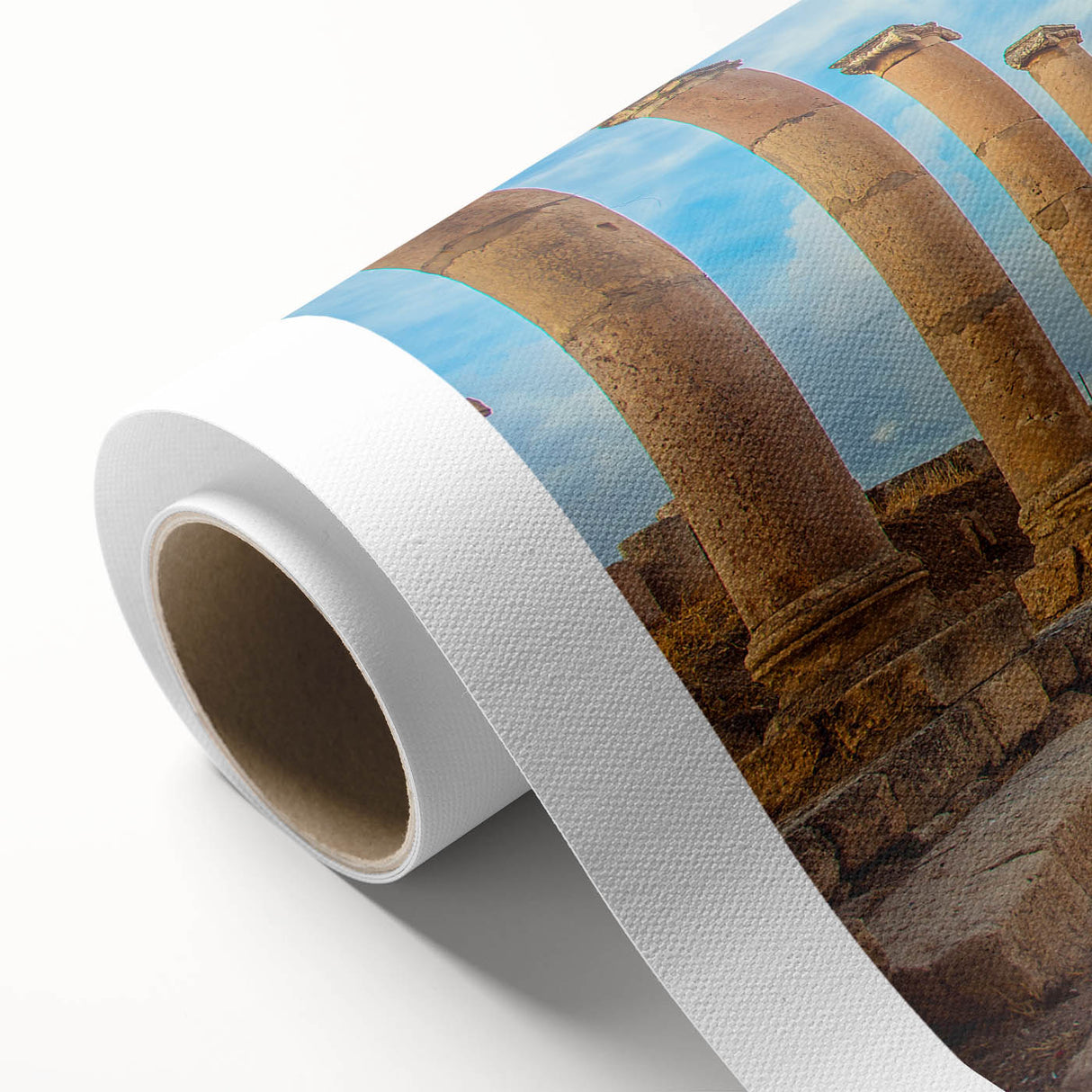 Art deco poster of ancient ruins in muted earth tones on rolled canvas, ideal for nursery wall art or dining room decor.