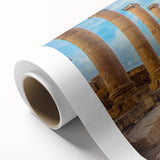 Art deco poster of ancient ruins in muted earth tones on rolled canvas, ideal for nursery wall art or dining room decor.