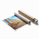 Extra large rolled print featuring ancient ruins in muted earth tones, ideal for classy bathroom wall art.
