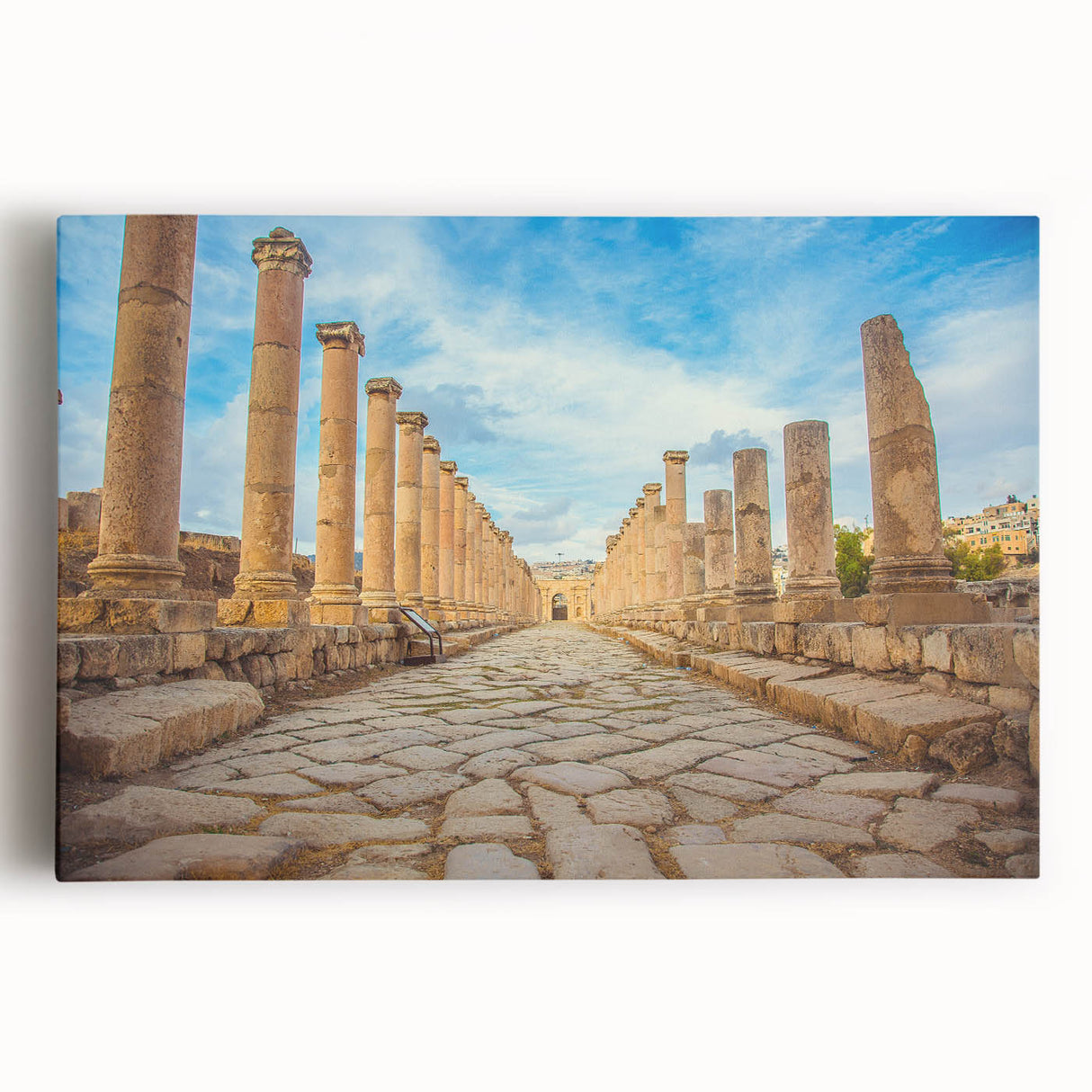 Black and white photo of ancient ruins on stretched canvas, suitable for kitchen wall art.