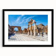 Extra large, textured abstract art print depicting colorful ancient ruins, framed in black, ideal for living room decor.
