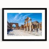 Extra large, textured abstract art print depicting colorful ancient ruins, framed in black, ideal for living room decor.