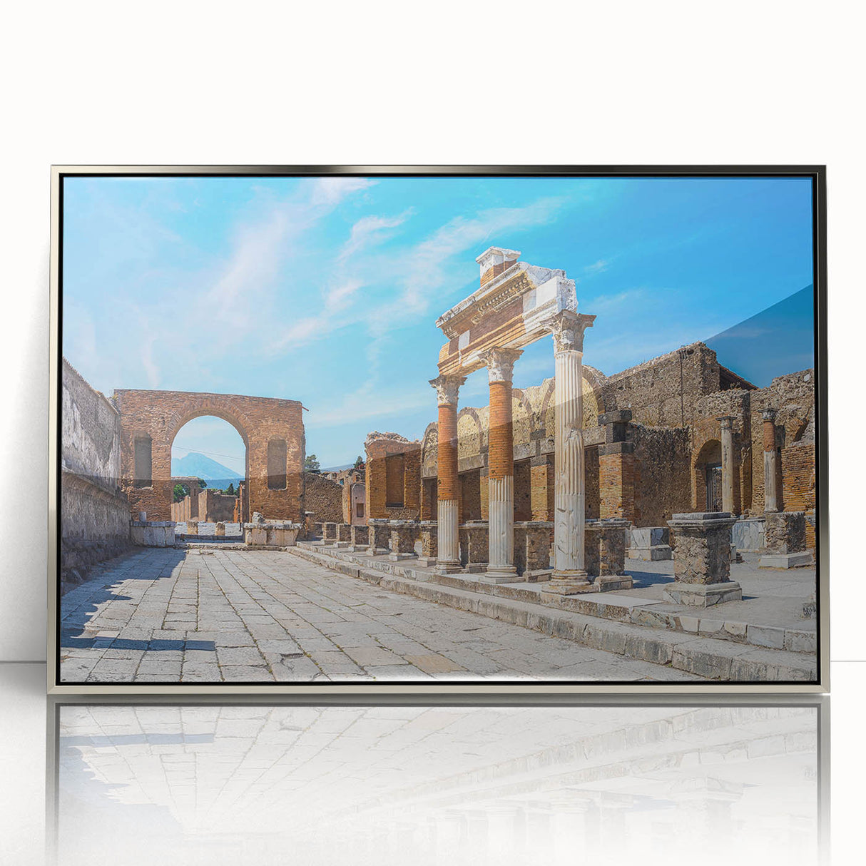 Mid-century modernist art of ancient ruins in muted earth tones on a silver-framed acrylic, suitable for nursery wall art.