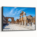 Black and white framed canvas of ancient ruins landscape, ideal for bedroom wall decor.