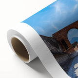 Art deco poster of ancient ruins in muted earth tones on rolled canvas.