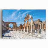 Black and white print of ancient ruins on a large stretched canvas, ideal for kitchen wall art.