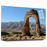 Acrylic print of ancient ruins in muted earth tones, suitable for dining room or bedroom decor.