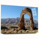 Large abstract wall art of ancient ruins in muted earth tones on acrylic glass, ideal for bedroom or dining room decor.