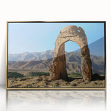 Mid-century modernist large art print of ancient ruins in muted earth tones, framed in gold acrylic.