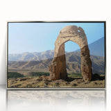 Mid-century modernist art of ancient ruins in muted earth tones, framed acrylic, suitable for modern art wall decor.