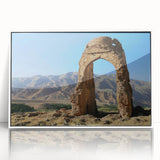 Art Deco poster of ancient ruins in muted earth tones, framed acrylic, ideal for modern art wall decor in a nursery.