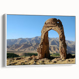 Vintage poster art of ancient ruins in colorful hues on a large framed canvas, ideal for living room decor.