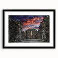 Extra large abstract art print of ancient ruins in vibrant colors on textured canvas, framed in black.