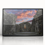 Framed acrylic print of large abstract wall art depicting ancient ruins in muted earth tones.