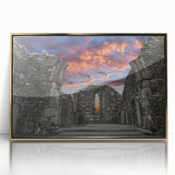 Framed acrylic print of ancient ruins in gold tones, mid-century modernist style, suitable for modern art wall decor.