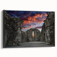 Black and white framed canvas depicting ancient ruins in a vintage poster style, ideal for bedroom wall decor.