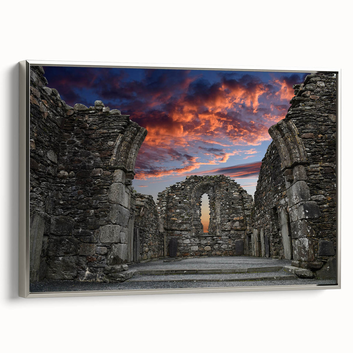 Vintage poster art of ancient ruins in muted earth tones on a framed canvas, suitable for living room decor.