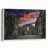 Framed canvas of ancient ruins in black and white, vintage poster style, ideal for bedroom wall art.