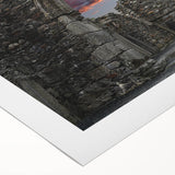 Art deco poster of ancient ruins in muted beige and brown, rolled canvas, suitable for dining room wall art.